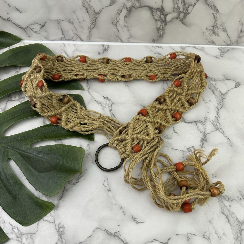 Vintage 70s Macrame Woven Belt Size S Brown Orange Beaded Boho Festival